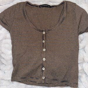 Brandy Melville Brown and Black Striped Button-Front Tee